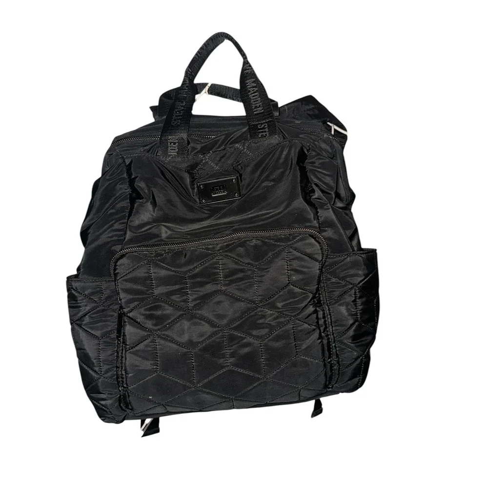 Steve Madden Black Nylon Quilted Backpack Logo Straps Travel Bag